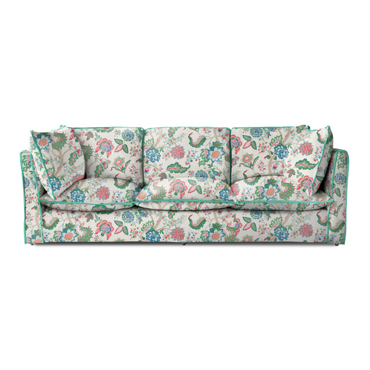 Coco 4 seater sofa with Knife Edge cushion in Kitty Spring Green with Velvet Trim - Hand Made in USA