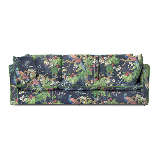 Coco 4 seater sofa with Knife Edge cushion in Belleville Navy with Velvet Trim - Hand Made in USA