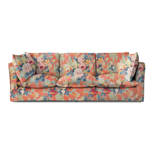 Coco 4 seater sofa with Knife Edge cushion in English Garden Coral Orange - Hand Made in USA