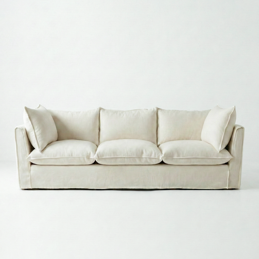 Coco 4 seater sofa with Self Piped Knife Edge cushion in Cotton Linen Cool Coconut - Hand Made in USA