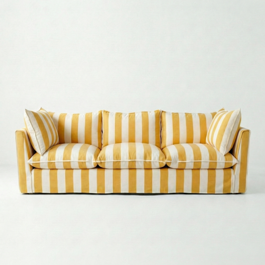 Coco 4 seater sofa with Self Piped Knife Edge cushion in Stripe Dandelion - Hand Made in USA