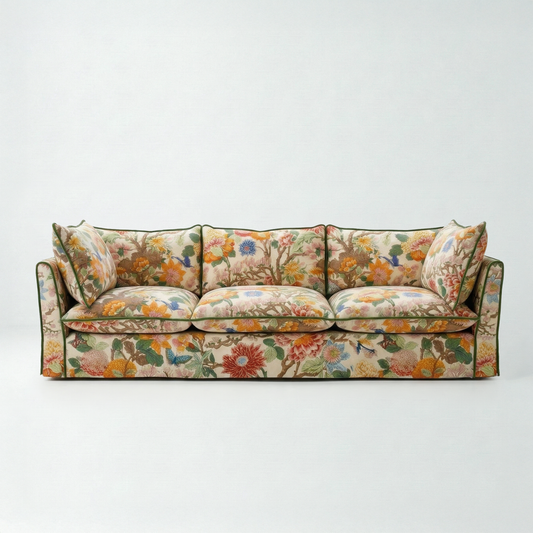 Coco 4 seater sofa with Contrast Piped Knife Edge cushion in Magnolia Cream Blue - Hand Made in USA