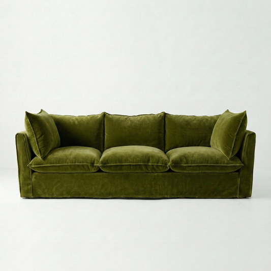 Coco 4 seater sofa with Knife Edge cushion in Pelham Moss Velvet - Hand Made in USA