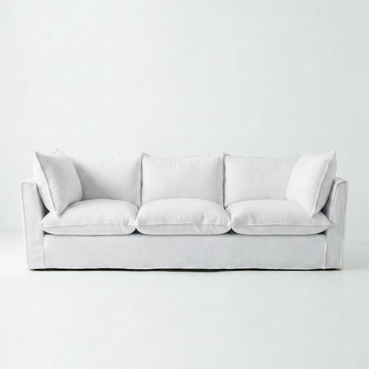 Coco 4 seater sofa with Self Piped Knife Edge cushion in Cotton Linen Snow Drop - Hand Made in USA