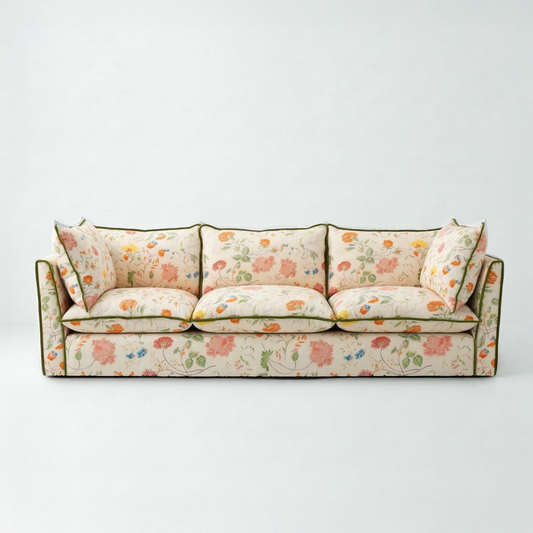 Coco 4 seater sofa with Contrast Piped Knife Edge cushion in Wildwood Ivory - Hand Made in USA