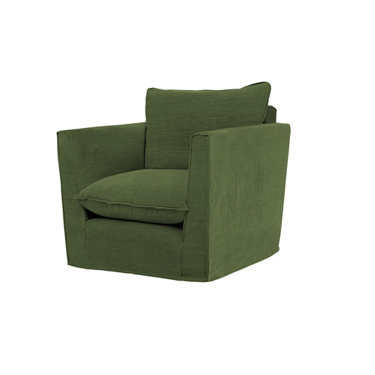 Coco Chair with Self Piped Knife Edge cushion in Cotton Linen Evergreen - Hand Made in USA