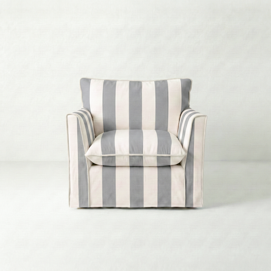 Coco Chair with Self Piped Knife Edge cushion in Garden Grey Stripes - Hand Made in USA