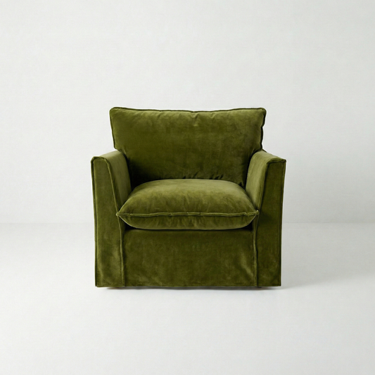 Coco Chair with Self Piped Knife Edge cushion in Pelham Moss Velvet - Hand Made in USA