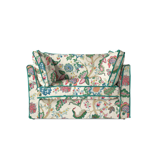 Coco Loveseat with Box Edge cushion in Kitty Spring Green with Lagoon Velvet Trim - Hand Made in USA