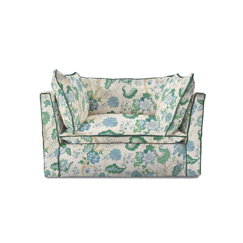 Coco Loveseat with Knife Edge cushion in Kitty Blue Green with Parakeet Velvet Trim - Hand Made in USA