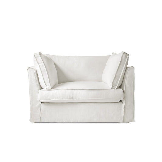 Coco Loveseat with Self Piped Box Edge cushion in Cotton Linen Cool Coconut - Hand Made in USA