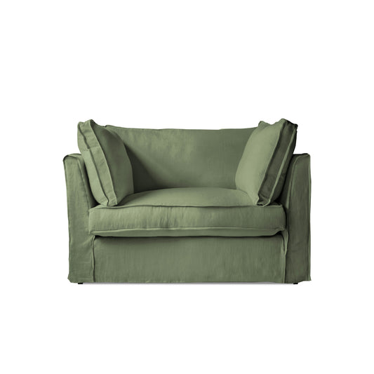 Coco Loveseat with Box Edge Cushion in Moss Linen - Hand Made in USA