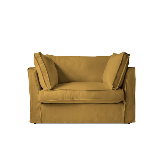 Coco Loveseat with Box Edge Cushion in Ochre Linen - Hand Made in USA