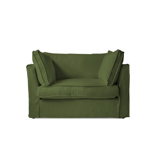 Coco Loveseat with Self Piped Box Edge cushion in Cotton Linen Evergreen - Hand Made in USA