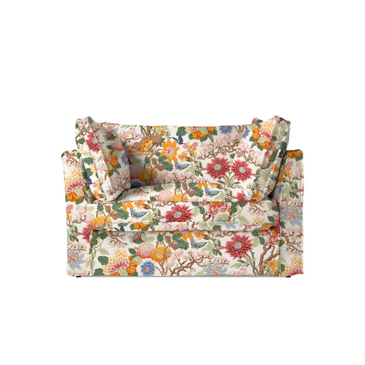 Coco Loveseat with Self Piped Box Edge cushion in GP & J Baker Magnolia Cream Blue - Hand Made in USA