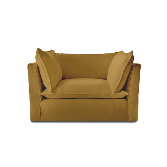 Coco Loveseat with Knife Edge Cushion in Ochre Linen - Hand Made in USA