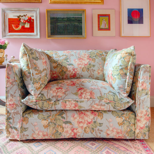 Coco Loveseat with Self Piped Knife Edge cushion in Andrew Martin Midsummer Sky - Hand Made in USA