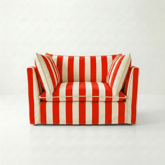 Coco Loveseat with Self Piped Knife Edge cushion in Stripes Petunia - Hand Made in USA