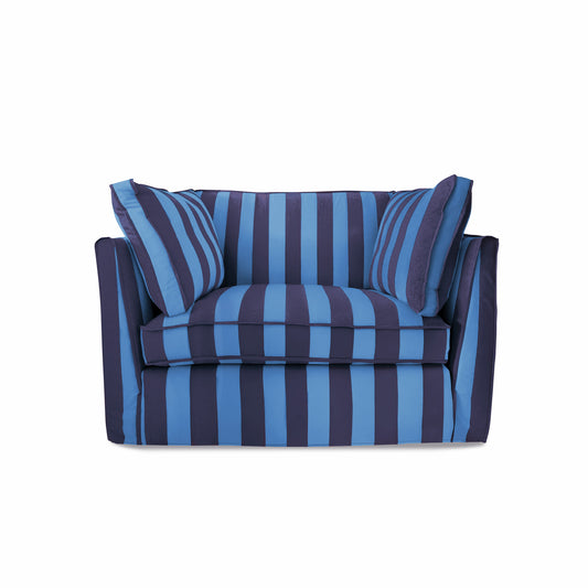 Coco Loveseat with Self Piped Box Edge cushion in Coastal Blue Stripes - Hand Made in USA