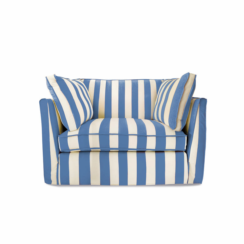 Coco Loveseat with Self Piped Box Edge cushion in Cornish Blue Stripes - Hand Made in USA