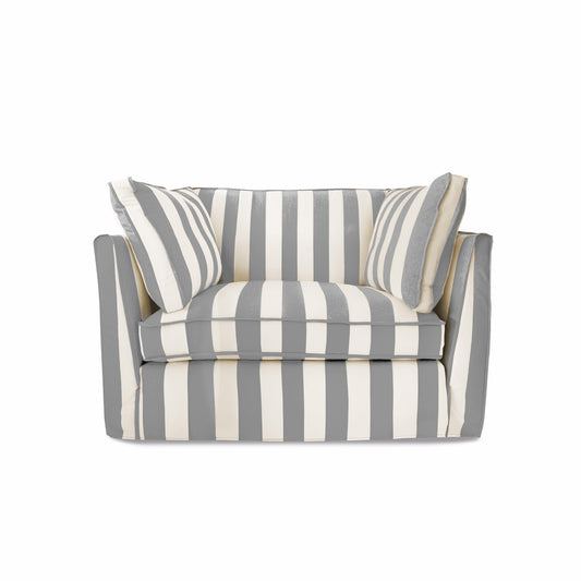 Coco Loveseat with Self Piped Box Edge cushion in Garden Grey Stripes - Hand Made in USA