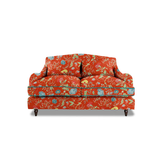 Isobel 2 seater sofa in Natural Linen Wildwood Pumpkin with Velvet Trim - Hand Made in USA