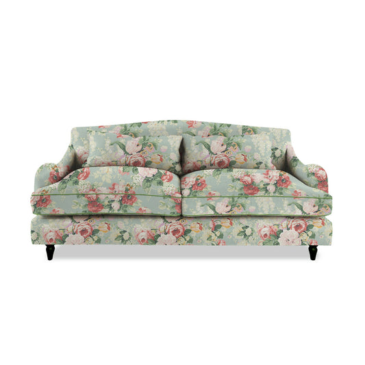 Isobel 3 seater sofa in English Garden Grey Skies with Velvet Trim - Hand Made in USA