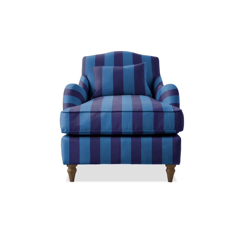 Felix Armchair with Fixed Back in Coastal Blue Stripes - Hand Made in USA