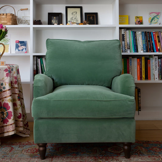 Isobel Armchair with Big Back Cushion in Sea Green Velvet - Hand Made in USA