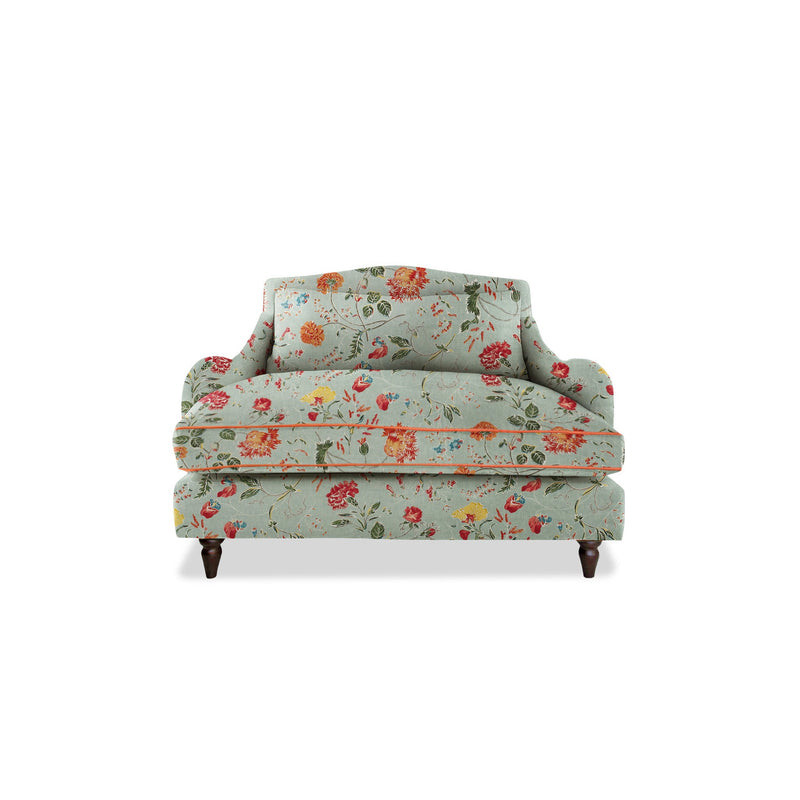 Felix Loveseat in Natural Linen Wildwood Duck Egg with Velvet Trim - Hand Made in USA