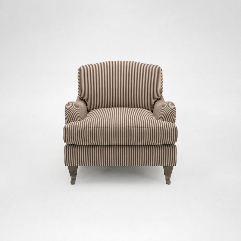 Isobel Armchair with Big Back Cushion in Narrow Chocolate Stripe - Hand Made in USA