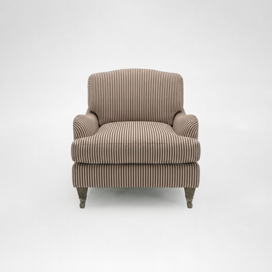 Isobel Armchair with Big Back Cushion in Narrow Chocolate Stripe - Hand Made in USA