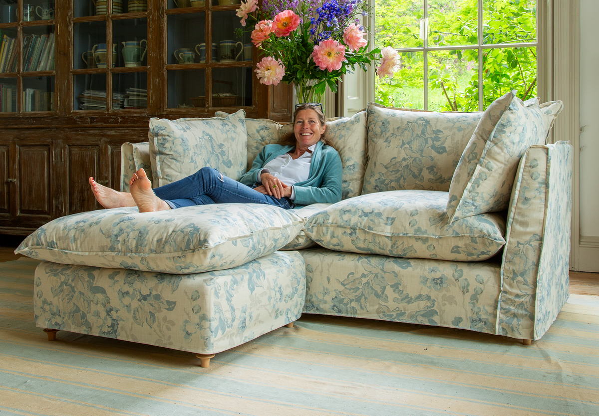 Coco 2.5 seater sofa with Self Piped Knife Edge cushion in Andrew Martin Midsummer Faded Blue