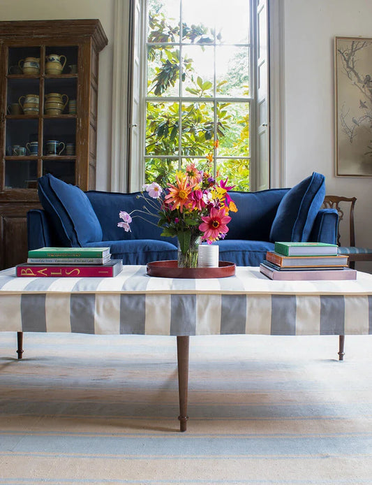 Coco Small Coffee Table Self Piped in Stripes Garden Grey - Hand Made in USA