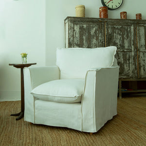 Coco Armchair with Self Piped Knife Edge cushion in Cotton Linen Snow Drop  - Hand Made in USA