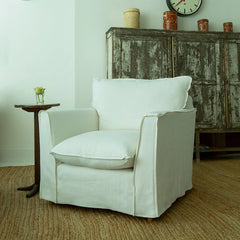 Coco Armchair with Self Piped Knife Edge cushion in Cotton Linen Snow Drop  - Hand Made in USA