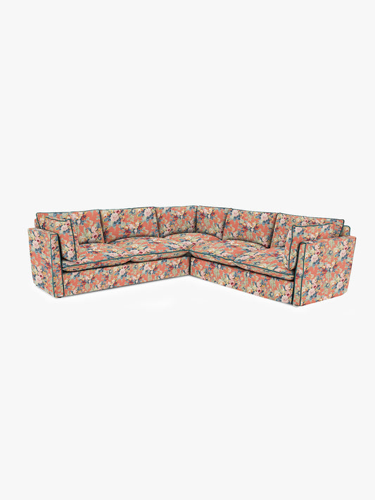 Cocobella 3 x 3 seater sofa in English Garden Coral Orange with Lagoon Velvet Trim - Hand Made in USA