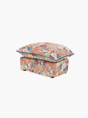 Cocobella Footstool in English Garden Coral Orange with Lagoon Velvet Trim - Hand Made in USA