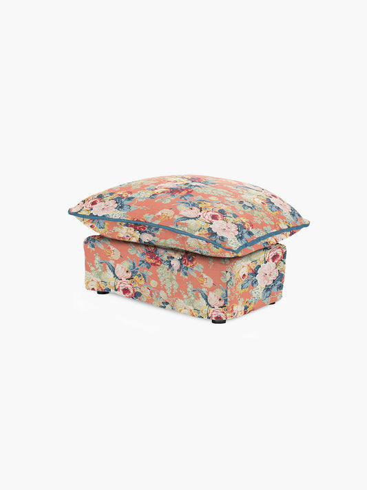 Cocobella Footstool in English Garden Coral Orange with Lagoon Velvet Trim - Hand Made in USA
