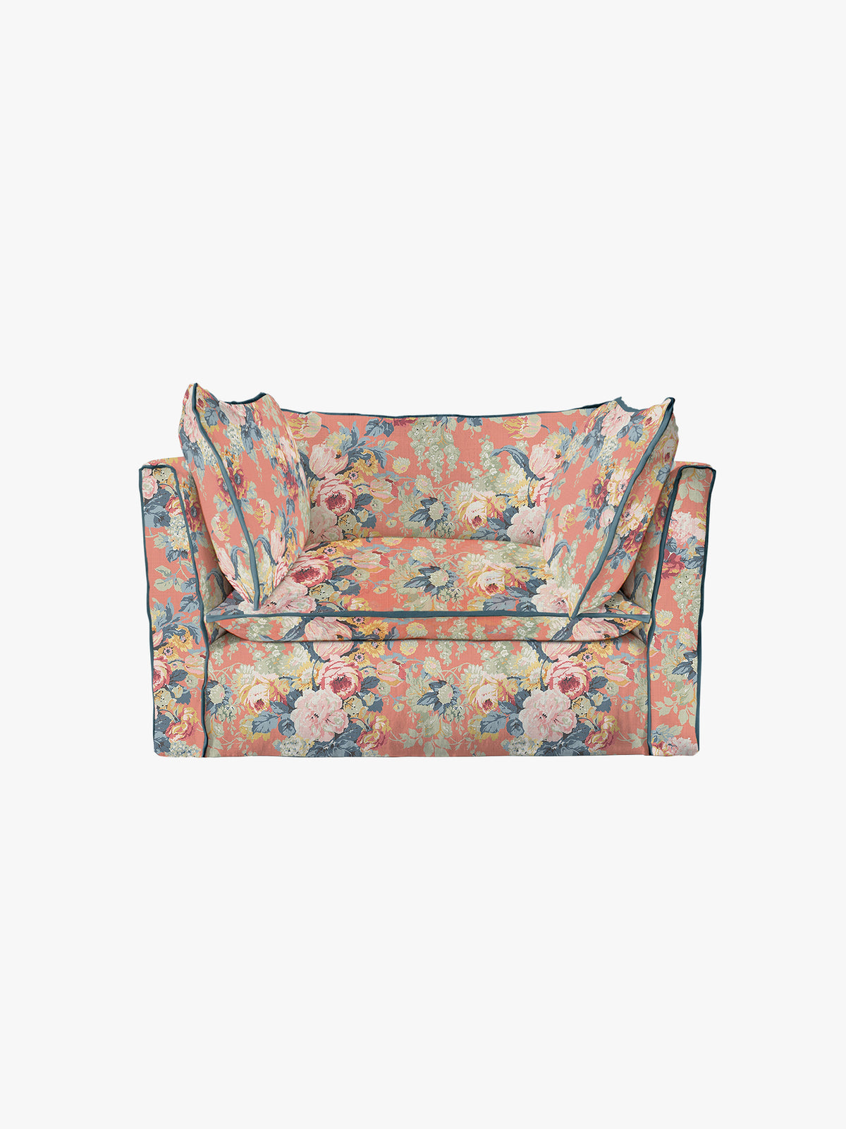 Cocobella Loveseat in English Garden Coral Orange with Lagoon Velvet Trim - Hand Made in USA
