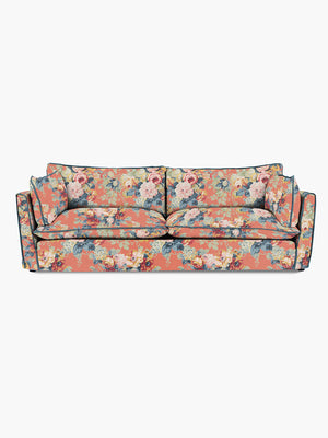 Cocobella 3.5 Seater Sofa in English Garden Coral Orange with Lagoon Velvet Trim - Hand Made in USA