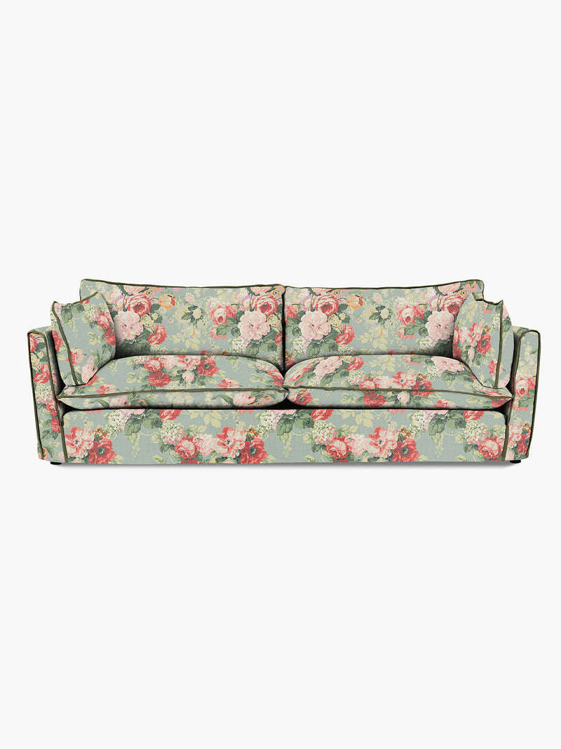 Cocobella 3.5 Seater Sofa in English Garden Grey Skies with Green Tea Velvet Trim - Hand Made in USA