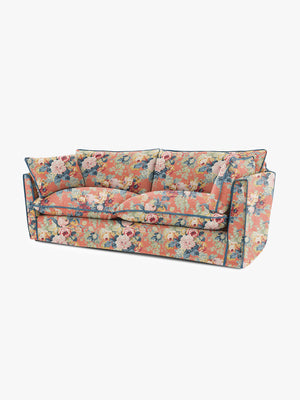 Cocobella 3 Seater Sofa in English Garden Coral Orange with Lagoon Velvet Trim - Hand Made in USA