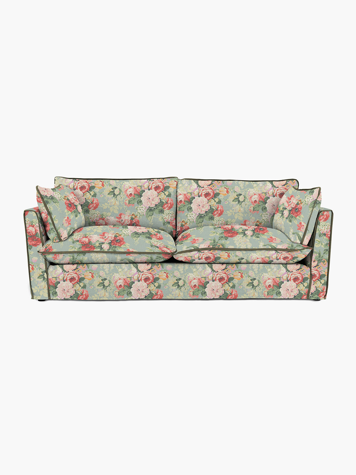 Cocobella 3 Seater Sofa in English Garden Grey Skies with Green Tea Velvet Trim - Hand Made in USA