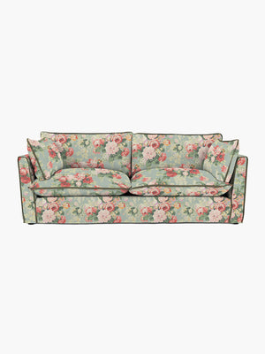 Cocobella 3 Seater Sofa in English Garden Grey Skies with Green Tea Velvet Trim - Hand Made in USA