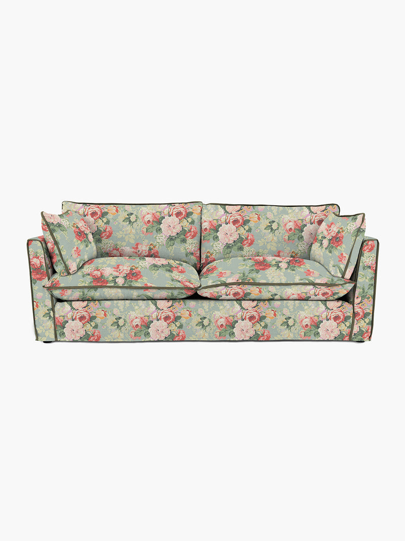 Cocobella 3 Seater Sofa in English Garden Grey Skies with Green Tea Velvet Trim - Hand Made in USA