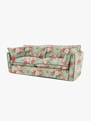 Cocobella 3 Seater Sofa in English Garden Grey Skies with Green Tea Velvet Trim - Hand Made in USA