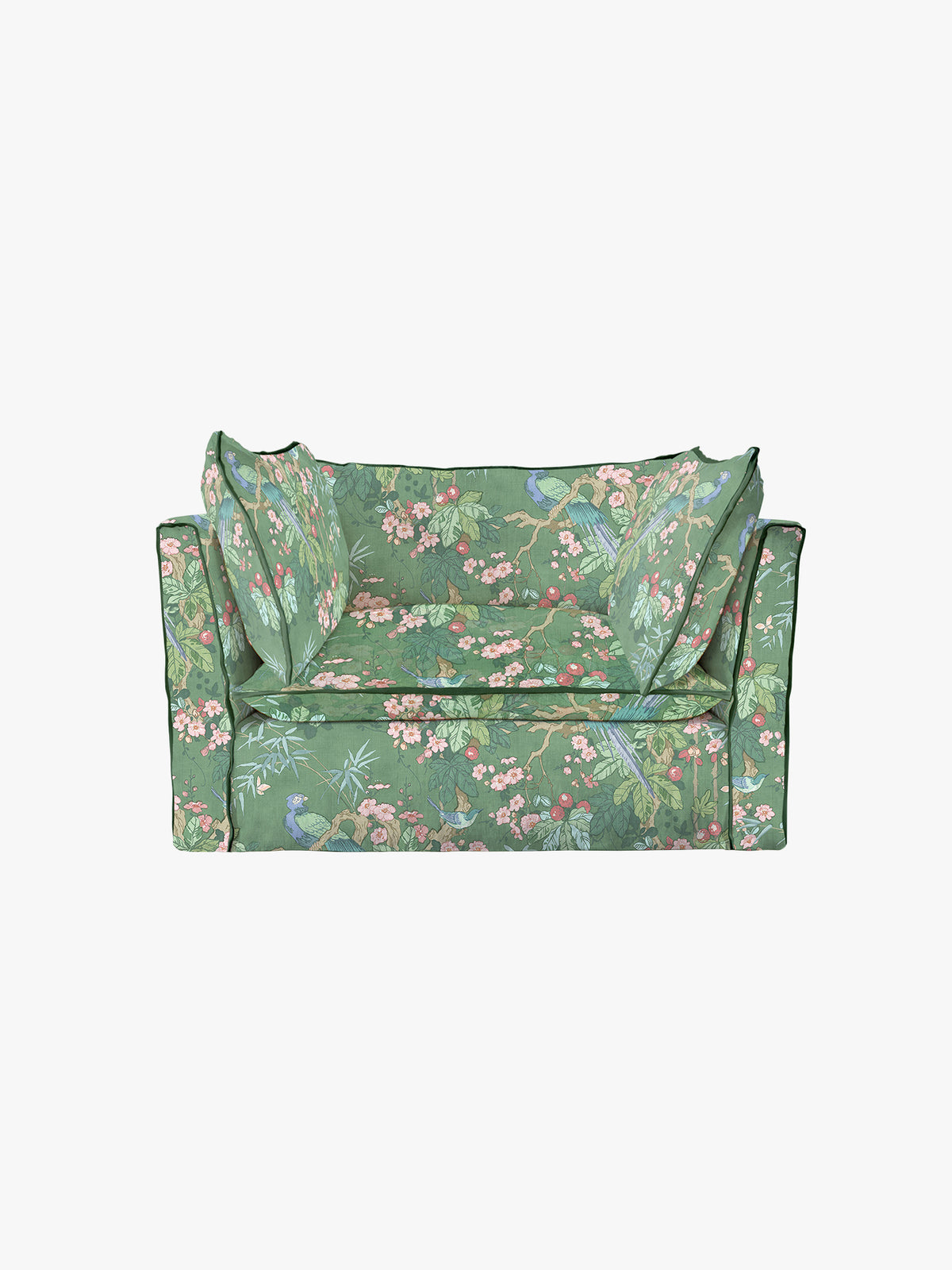 Cocobella Loveseat in Belleville Juniper with Pine Velvet Trim - Hand Made in USA