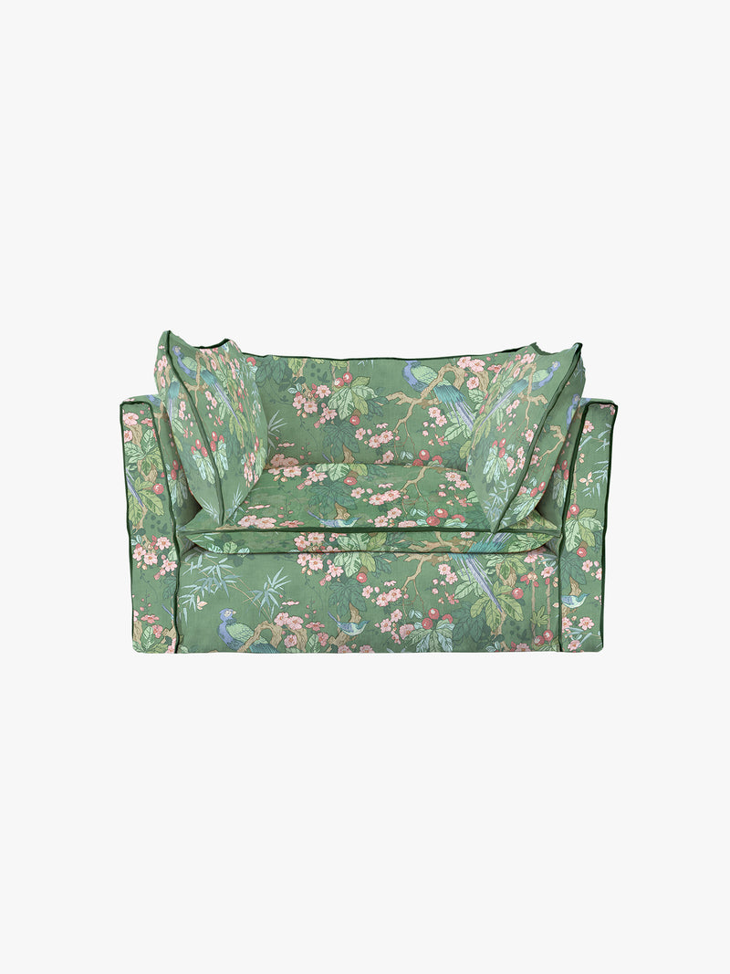 Cocobella Loveseat in Belleville Juniper with Pine Velvet Trim - Hand Made in USA