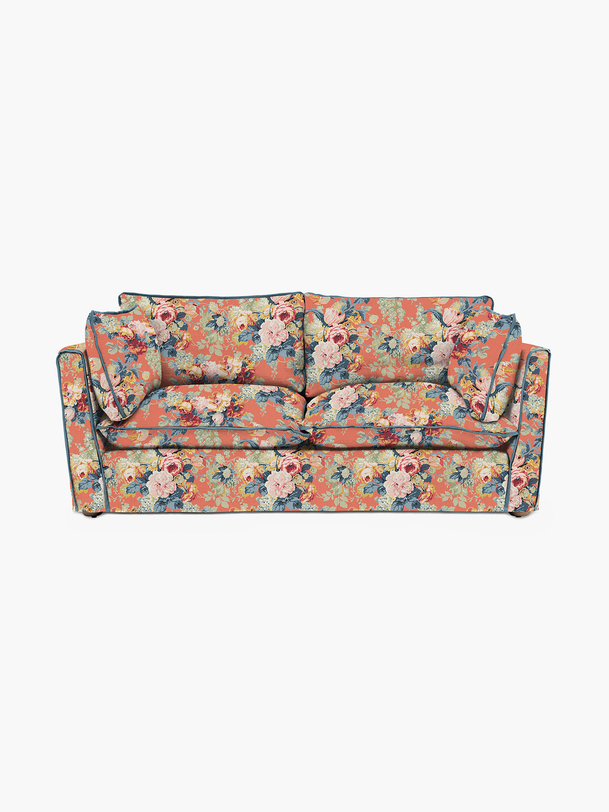 Cocobella 2.5 Seater Sofa in English Garden Coral Orange with Lagoon Velvet Trim - Hand Made in USA